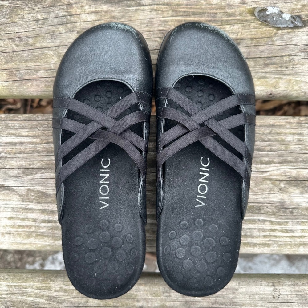 Vionic Claire Black Leather‎ Crisscross Strap Orthotic Mule Flat Slides Size 6